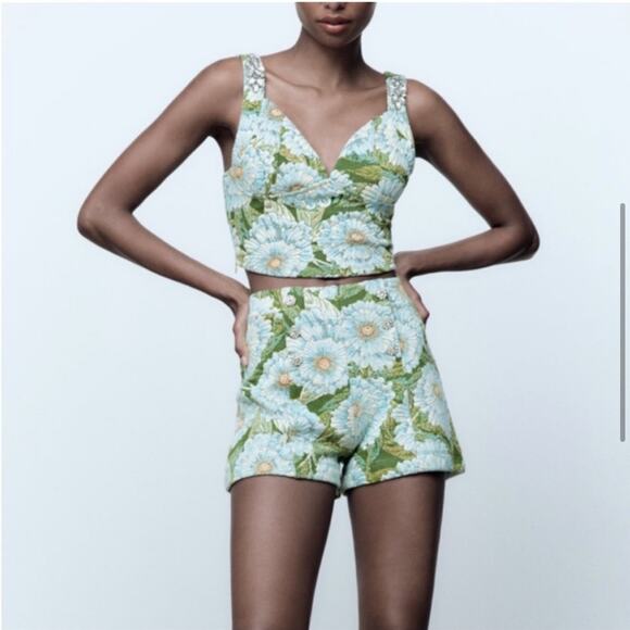 Zara Blue High Waist Shorts Set Size Small NWOT - Picture 5 of 9